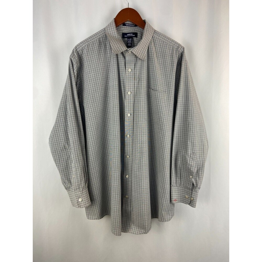 Lands' End Mens 19x35 Gray Check Wrinkle Free Broadcloth Button Down Shirt Work